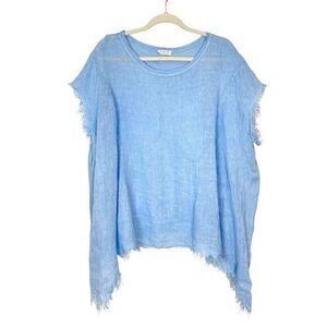 Suzy D London Blouse Top Oversized S/M Powder Blue Linen Fringe Short Sleeve Box